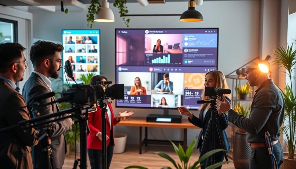 A dynamic scene illustrating the concept of social media video content creation. In the foreground, a diverse group of three individuals—two men and one woman—are engaged in a lively discussion surrounded by modern recording equipment, such as microphones and cameras. They are dressed in professional business attire, representing a creative atmosphere. The middle ground features a large screen displaying vibrant social media platforms, showcasing engaging video thumbnails and analytics graphs. In the background, a stylish workspace filled with plants and illuminated by soft, warm lighting creates an inviting ambiance. The angle captures a wide view, focusing on the interaction and collaboration among the creators, conveying a mood of excitement and creativity. The overall tone is bright and positive, emphasizing the potential of social media video content in audience growth.