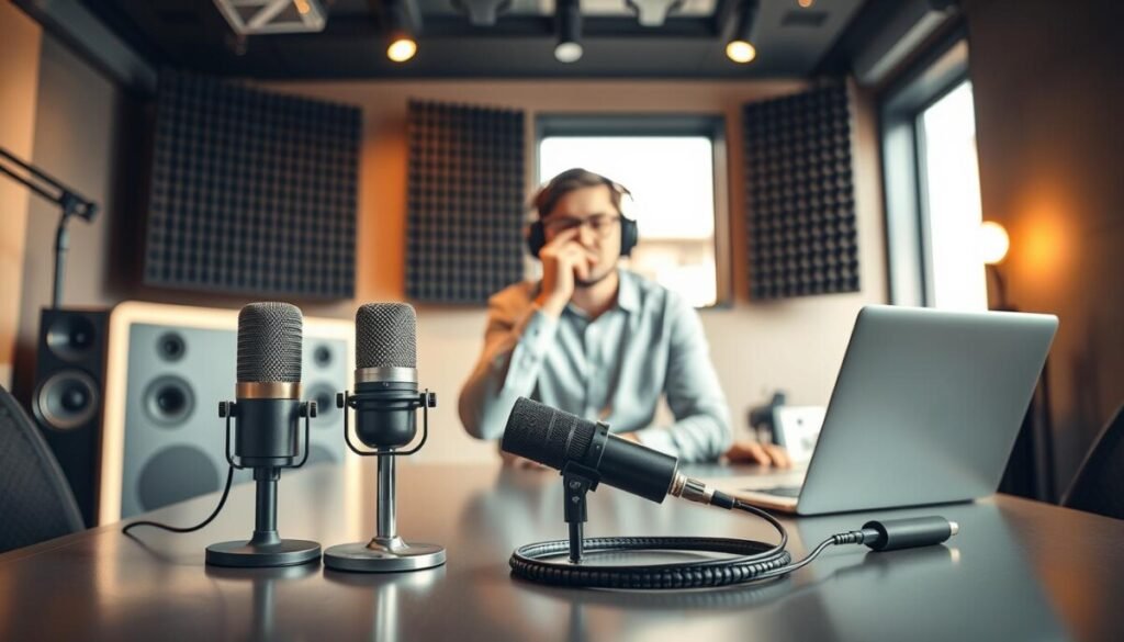 A dynamic scene showcasing a professional podcast host in a stylish studio, dressed in smart casual attire, thoughtfully choosing between various high-quality microphones on a sleek table. In the foreground, a vintage microphone and a modern USB microphone are prominently displayed, each casting soft shadows under warm, ambient lighting. In the middle background, soundproof panels are visible, enhancing the soundproof environment, along with headphones and a laptop open to a podcast recording interface. The atmosphere is focused and creative, with hints of excitement in the air. A large window in the background allows natural light to filter in, creating a bright and inviting space, perfect for launching a podcast. The composition is shot with a shallow depth of field, emphasizing the host's decision-making process.
