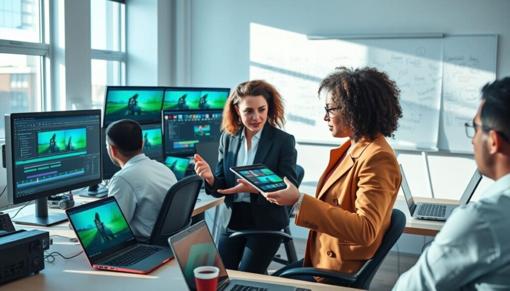 A dynamic scene showcasing rapid video production editors in a modern workspace. In the foreground, a diverse group of three professionals focused on their dual-screen setups, displaying vibrant video editing software with AI-driven features. One editor, a woman with curly hair wearing smart casual attire, gestures towards a tablet showing timeline graphics. In the middle ground, ergonomic desks lined with laptops and editing equipment, while a large window allows natural light to flood the room, casting soft shadows. In the background, a whiteboard filled with creative ideas and annotations, creating a sense of collaboration. The atmosphere is energetic and innovative, suggesting a fast-paced editing environment, with a color palette of blues and greens to evoke creativity and technology.