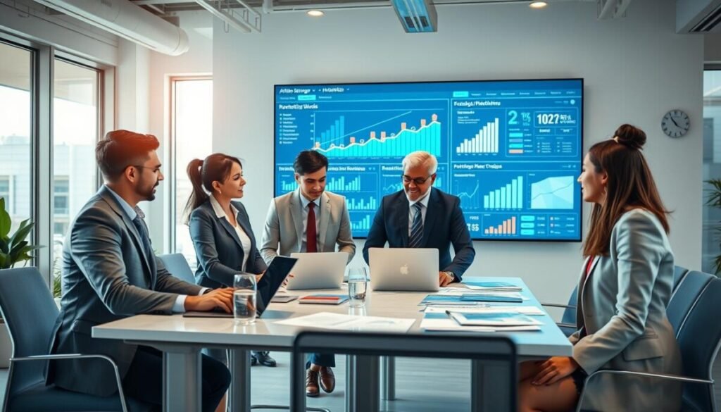 A dynamic scene showcasing the concept of affiliate marketing strategy. In the foreground, a diverse group of three well-dressed professionals engaged in a discussion around a table filled with laptops, charts, and analytics reports. The middle ground features a large digital screen displaying graphs, revenue streams, and partnership networks. The background captures a modern, well-lit office environment with large windows, soft natural light filtering in, creating an optimistic atmosphere. The mood is collaborative and focused, suggesting creativity and strategy development. Capture the image from a slightly elevated angle to highlight the group’s interaction and the vibrant visual data. Ensure all subjects are depicted in professional business attire, emphasizing a polished and serious approach to affiliate marketing.