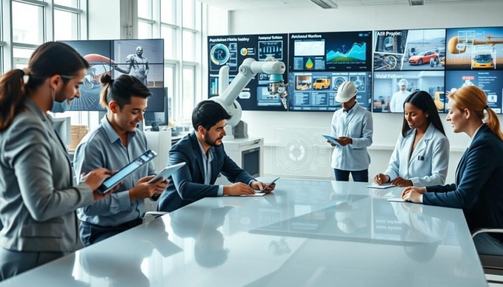A dynamic scene showcasing various AI tools in action across multiple industries. In the foreground, a diverse group of professionals in business attire collaborates around a sleek conference table, analyzing data on digital tablets. In the middle ground, a technician operates a robotic arm in a manufacturing facility, while a healthcare worker uses an AI-powered diagnostic tool on a virtual interface. The background features a bright, modern office space filled with screens displaying analytics and visuals depicting AI applications in transportation, agriculture, and construction. Soft, natural lighting filters through large windows, creating an optimistic atmosphere. The image is captured from a slightly elevated angle, giving a comprehensive view of this bustling environment, emphasizing innovation and teamwork.