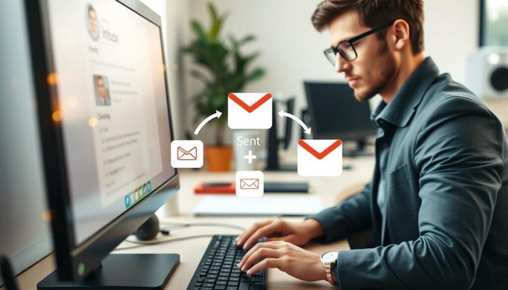 A dynamic, visually engaging workspace scene depicting a computer screen showcasing Gmail's interface, with highlighted keyboard shortcuts glowing around the edges. In the foreground, a professional-looking individual, dressed in smart casual attire, is actively engaged, fingers poised above the keyboard, embodying productivity. The middle ground features icons representing different Gmail sections, such as Inbox, Sent, and Drafts, with visual arrows indicating movement and connection between them. The background includes a softly blurred view of a well-organized desk with subtle hints of office supplies. Soft, natural lighting enhances the atmosphere of focus and efficiency while maintaining a contemporary feel. The composition is viewed from a slight angle to create depth, emphasizing the action of "jumping" between sections seamlessly.