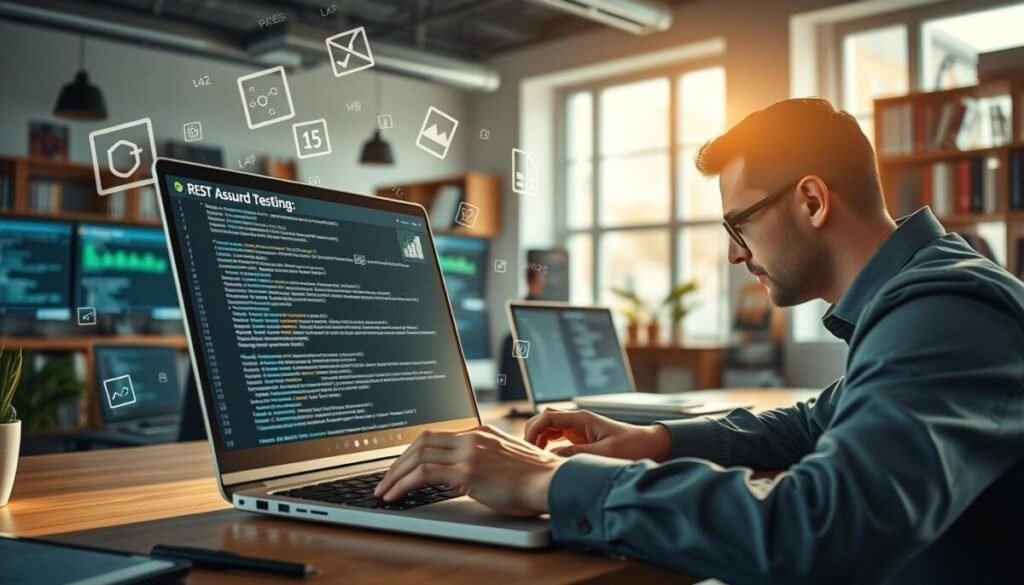 A dynamic workspace scene focused on API testing, featuring a modern laptop displaying REST Assured code on the screen. In the foreground, a professional Java developer in business attire is intently typing, with visible expressions of concentration and determination. The middle layer includes technical elements like graphs, charts, and snippets of code floating around the workspace, symbolizing the complexity of API interactions. The background shows a bright office filled with tech paraphernalia, such as monitors displaying API performance metrics, and bookshelves filled with programming literature. Soft natural lighting from large windows casts a warm glow, creating a productive and innovative atmosphere. The overall mood is focused and inspirational, emphasizing the importance of code-first testing in Java environments. A dynamic workspace scene focused on API testing, featuring a modern laptop displaying REST Assured code on the screen. In the foreground, a professional Java developer in business attire is intently typing, with visible expressions of concentration and determination. The middle layer includes technical elements like graphs, charts, and snippets of code floating around the workspace, symbolizing the complexity of API interactions. The background shows a bright office filled with tech paraphernalia, such as monitors displaying API performance metrics, and bookshelves filled with programming literature. Soft natural lighting from large windows casts a warm glow, creating a productive and innovative atmosphere. The overall mood is focused and inspirational, emphasizing the importance of code-first testing in Java environments.
