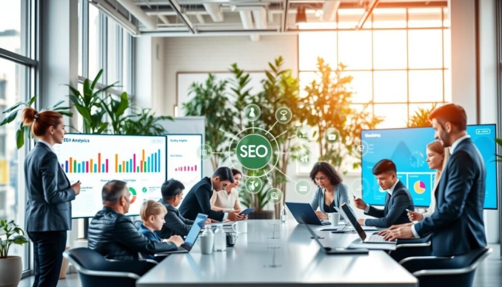 A dynamic workspace showcasing the integration of various SEO tools within a vibrant marketing ecosystem. In the foreground, a diverse group of professionals in business attire collaborate around a sleek conference table, analyzing data on digital devices. The middle ground features large digital screens displaying colorful charts, SEO analytics graphs, and interconnected diagrams illustrating seamless tool integration. The background is an open office environment with bright natural lighting filtering through large windows, plants adding life to the space. A modern, clean aesthetic conveys a sense of innovation and teamwork, with a slightly blurred depth of field to emphasize the foreground activity, creating a motivating and collaborative atmosphere.