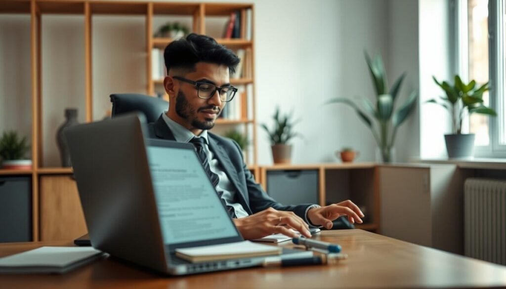 A focused individual in a modern, cozy office setting, engaged in reading mode on their laptop. The foreground features a sleek, open laptop displaying a clean, distraction-free webpage with minimal text and a soft, muted background. The reader, dressed in professional business attire, is sitting comfortably in a stylish ergonomic chair, with a slight smile of concentration. In the middle ground, a neat desk holds a few research materials like notebooks and a pen, creating an atmosphere conducive to thoughtful study. The background includes a soft-lit bookshelf filled with books and plants, adding warmth. The lighting is bright yet inviting, coming from a nearby window, creating a calm and focused ambiance, ideal for research and reading activities. A focused individual in a modern, cozy office setting, engaged in reading mode on their laptop. The foreground features a sleek, open laptop displaying a clean, distraction-free webpage with minimal text and a soft, muted background. The reader, dressed in professional business attire, is sitting comfortably in a stylish ergonomic chair, with a slight smile of concentration. In the middle ground, a neat desk holds a few research materials like notebooks and a pen, creating an atmosphere conducive to thoughtful study. The background includes a soft-lit bookshelf filled with books and plants, adding warmth. The lighting is bright yet inviting, coming from a nearby window, creating a calm and focused ambiance, ideal for research and reading activities.