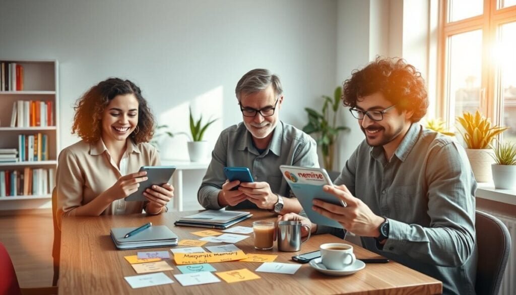 A focused study environment showcasing a diverse group of three learners engaged with the Memrise app on tablets and smartphones. In the foreground, a young woman with curly hair, dressed in a professional yet casual outfit, is smiling as she memorizes vocabulary, while a middle-aged man with glasses intently reviews flashcards. In the middle, a table is scattered with colorful brain-themed study materials, including memory aids, strategies on sticky notes, and a cup of coffee. The background features a bright, airy room with large windows letting in warm sunlight, plants on the sill, and shelves filled with language books. The atmosphere conveys enthusiasm and collaboration, emphasizing effective memory techniques in a lively learning space. The image captures a lens flare and soft reflections, creating an inviting, vibrant scene. A focused study environment showcasing a diverse group of three learners engaged with the Memrise app on tablets and smartphones. In the foreground, a young woman with curly hair, dressed in a professional yet casual outfit, is smiling as she memorizes vocabulary, while a middle-aged man with glasses intently reviews flashcards. In the middle, a table is scattered with colorful brain-themed study materials, including memory aids, strategies on sticky notes, and a cup of coffee. The background features a bright, airy room with large windows letting in warm sunlight, plants on the sill, and shelves filled with language books. The atmosphere conveys enthusiasm and collaboration, emphasizing effective memory techniques in a lively learning space. The image captures a lens flare and soft reflections, creating an inviting, vibrant scene.