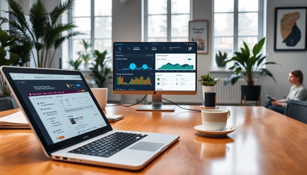 A focused workspace illustrating "Mastering Browser Sessions for Deep Work." In the foreground, a sleek laptop sits on a polished wooden desk, displaying organized tabs and bookmarked pages on the screen. Beside it, a stylish planner and a cup of coffee add a cozy touch. In the middle, a computer monitor shows a visual representation of browser session management, with colorful graphs and session timelines. The background features a modern office environment, with soft lighting filtering through large windows, highlighting houseplants and motivational artwork on the walls. The atmosphere is calm yet productive, reinforcing the idea of concentration and effective session management in a professional setting. The perspective is slightly angled, offering a dynamic view while maintaining a clean aesthetic. A focused workspace illustrating "Mastering Browser Sessions for Deep Work." In the foreground, a sleek laptop sits on a polished wooden desk, displaying organized tabs and bookmarked pages on the screen. Beside it, a stylish planner and a cup of coffee add a cozy touch. In the middle, a computer monitor shows a visual representation of browser session management, with colorful graphs and session timelines. The background features a modern office environment, with soft lighting filtering through large windows, highlighting houseplants and motivational artwork on the walls. The atmosphere is calm yet productive, reinforcing the idea of concentration and effective session management in a professional setting. The perspective is slightly angled, offering a dynamic view while maintaining a clean aesthetic.