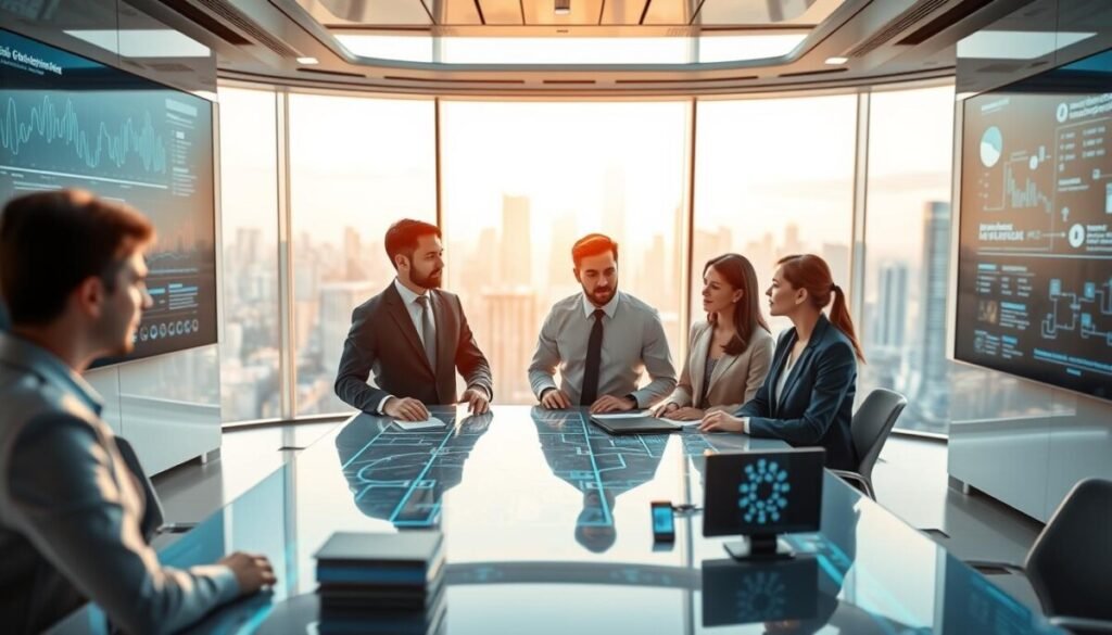 A futuristic corporate office space showcasing enterprise integration and scalability considerations. In the foreground, a diverse group of three professionals in smart business attire are engaged in a discussion around a sleek, high-tech table with digital devices displaying interconnected systems and workflows. The middle ground features large screens on the walls illustrating complex graphs and data flows representing scalability strategies. In the background, a panoramic window reveals a vibrant city skyline under soft, natural lighting, enhancing the modern atmosphere. The image conveys a sense of collaboration, innovation, and forward-thinking, with a focus on technology integration, all captured with a shallow depth of field highlighting the subjects in sharp focus while the background remains softly blurred.