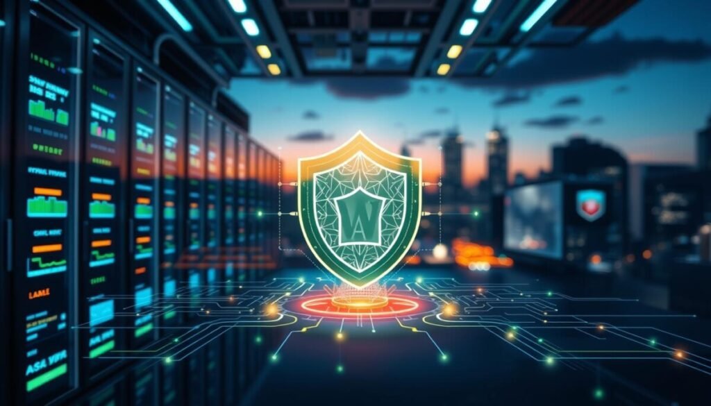 A futuristic digital landscape depicting robust security features of WordPress hosting. In the foreground, showcase a secure server room filled with sleek, high-tech servers and glowing screens displaying security analytics and backup processes. The middle ground should feature a stylized representation of a cybersecurity shield, symbolizing protection, with intricate patterns and glowing lines connecting to various digital assets. In the background, a soft-focus city skyline at dusk, illuminated by bright lights, encapsulates a sense of connectivity and innovation. Use vibrant colors like deep blues and greens, with dynamic lighting that creates dramatic contrasts, evoking a mood of safety and technology. Capture the scene from a slightly elevated angle to emphasize the depth and complexity of security in web hosting. A futuristic digital landscape depicting robust security features of WordPress hosting. In the foreground, showcase a secure server room filled with sleek, high-tech servers and glowing screens displaying security analytics and backup processes. The middle ground should feature a stylized representation of a cybersecurity shield, symbolizing protection, with intricate patterns and glowing lines connecting to various digital assets. In the background, a soft-focus city skyline at dusk, illuminated by bright lights, encapsulates a sense of connectivity and innovation. Use vibrant colors like deep blues and greens, with dynamic lighting that creates dramatic contrasts, evoking a mood of safety and technology. Capture the scene from a slightly elevated angle to emphasize the depth and complexity of security in web hosting.