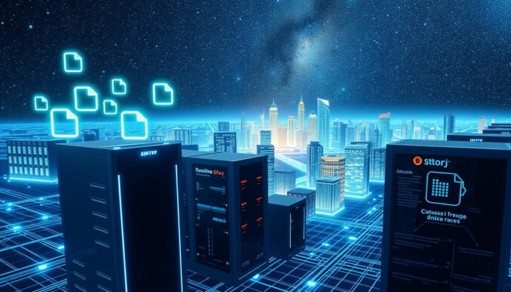 A futuristic digital landscape featuring key decentralized storage providers, depicted as glowing, interconnected nodes of data in a vast network. In the foreground, sleek, modern servers symbolize stability and innovation, while holographic representations of various file types float around them. The middle ground illustrates a vibrant cityscape of digital buildings, each representing different platforms like IPFS, Storj, and Filecoin, emitting soft blue and green lights. The background is a starry cosmic sky, emphasizing the limitless nature of decentralized storage. The atmosphere is one of collaboration and security, with a sense of optimism for the future of data privacy. Use a wide-angle lens to capture the expansive scene, with dynamic lighting that highlights the glow of the nodes and servers.