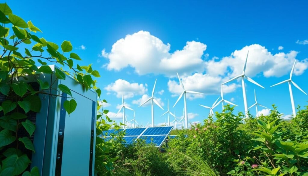 A futuristic, eco-friendly data center seamlessly integrated into a lush green landscape, showcasing solar panels, wind turbines, and biophilic design elements. In the foreground, a sleek, modern cloud server unit with glowing LED indicators is partially hidden by verdant vines and flowers. The middle ground features multiple wind turbines spinning gently, their blades sparkling under the bright sun. In the background, a vibrant blue sky dotted with fluffy white clouds symbolizes renewable energy and innovation. Soft, natural lighting bathes the scene, creating a warm and inviting atmosphere. The angle captures the balance between technology and nature, emphasizing the harmony of renewable energy in cloud computing.