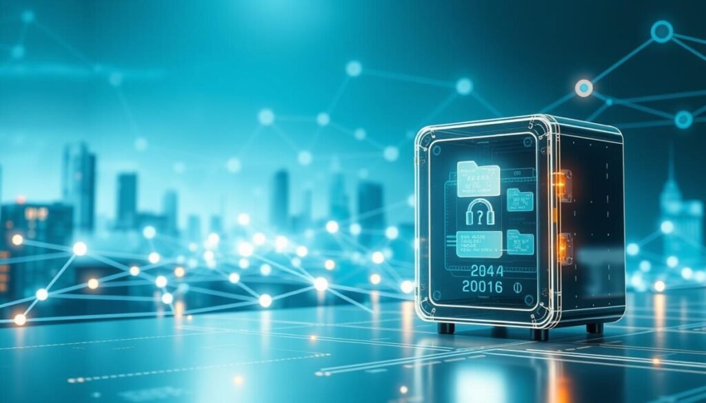 A futuristic illustration of decentralized data storage. In the foreground, depict a transparent digital vault with glowing data packets, symbolizing secure file storage. In the middle ground, show a network of interconnected nodes, each representing individual storage locations, with flowing lines of light illustrating data transfer. The background features a digital cityscape, highlighting a blend of advanced technology and privacy, with soft blue and green hues to create a calming atmosphere. Use ambient lighting with highlights emphasizing the nodes and vault. Capture the image from a slight low angle to convey depth and complexity, while ensuring a professional and sleek aesthetic throughout.