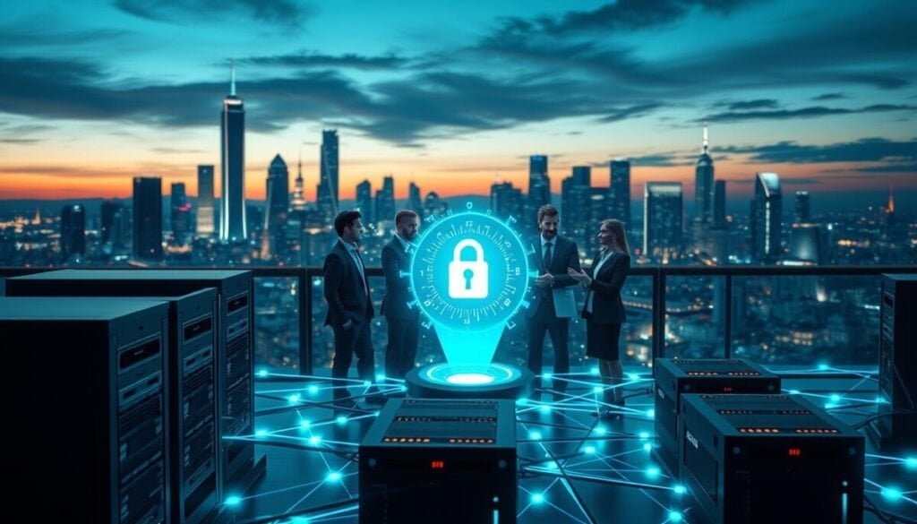 A futuristic landscape depicting a decentralized VPN network. In the foreground, sleek computer servers and nodes connected by glowing digital lines symbolize secure data sharing. In the middle, a diverse group of professionals in business attire collaborate around a holographic interface displaying encryption algorithms and network graphics, their faces reflecting determination and innovation. The background features a city skyline at dusk with vibrant neon lights, illustrating technological advancement. Soft, dynamic lighting emphasizes the blue and green hues of the digital elements, creating a high-tech atmosphere. The camera angle is slightly elevated, providing a comprehensive view of the scene and evoking a sense of connectivity and modernity. A futuristic landscape depicting a decentralized VPN network. In the foreground, sleek computer servers and nodes connected by glowing digital lines symbolize secure data sharing. In the middle, a diverse group of professionals in business attire collaborate around a holographic interface displaying encryption algorithms and network graphics, their faces reflecting determination and innovation. The background features a city skyline at dusk with vibrant neon lights, illustrating technological advancement. Soft, dynamic lighting emphasizes the blue and green hues of the digital elements, creating a high-tech atmosphere. The camera angle is slightly elevated, providing a comprehensive view of the scene and evoking a sense of connectivity and modernity.