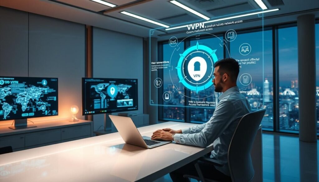 A futuristic office environment featuring a professional remote worker at a sleek desk, immersed in a digital workspace illuminated by soft, ambient lighting. The worker, dressed in a smart-casual outfit, interacts with a holographic interface displaying visual representations of a VPN and Zero Trust Network Access, such as secure connection paths and encrypted data streams. In the background, high-tech monitors showcase network maps and security protocols, with a city skyline visible through large windows, symbolizing connectivity. The atmosphere conveys a sense of security, innovation, and efficiency, captured from a slightly elevated angle to highlight the workspace and technological elements, ensuring a clear focus on the concept of secure remote work.