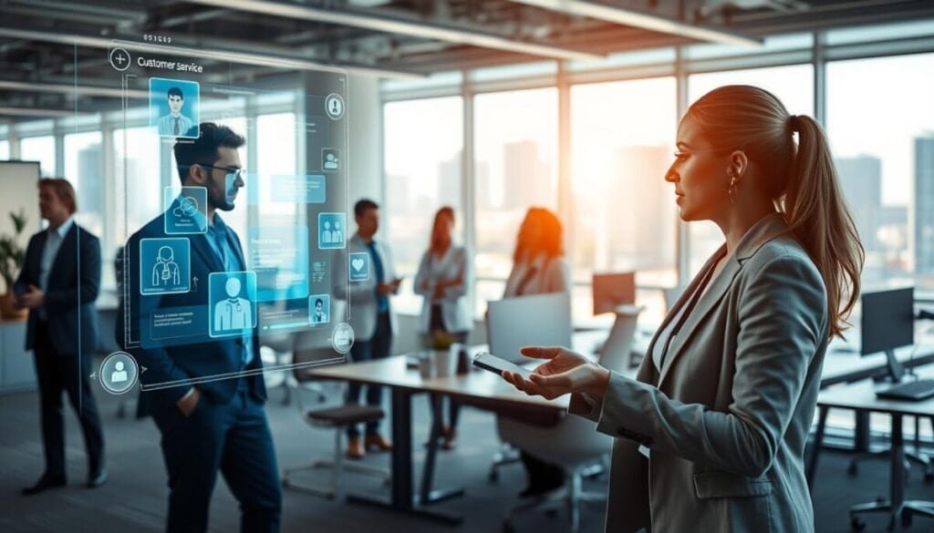 A futuristic office environment featuring diverse professionals engaged in various specialized use cases for conversational AI. In the foreground, a woman in smart casual attire is interacting with a holographic chatbot interface, showcasing customer service solutions. In the middle, a group of colleagues discusses AI applications in healthcare, with visual elements like medical icons and patient data floating around them. In the background, a modern workspace with sleek furniture and large windows reveals city views, bathed in soft natural light. The atmosphere is dynamic and collaborative, emphasizing innovation and efficiency. Use a wide-angle lens to capture the entirety of the scene, ensuring clarity and depth. The overall mood is optimistic and forward-thinking, reflecting the potential of conversational AI in various industries. A futuristic office environment featuring diverse professionals engaged in various specialized use cases for conversational AI. In the foreground, a woman in smart casual attire is interacting with a holographic chatbot interface, showcasing customer service solutions. In the middle, a group of colleagues discusses AI applications in healthcare, with visual elements like medical icons and patient data floating around them. In the background, a modern workspace with sleek furniture and large windows reveals city views, bathed in soft natural light. The atmosphere is dynamic and collaborative, emphasizing innovation and efficiency. Use a wide-angle lens to capture the entirety of the scene, ensuring clarity and depth. The overall mood is optimistic and forward-thinking, reflecting the potential of conversational AI in various industries.