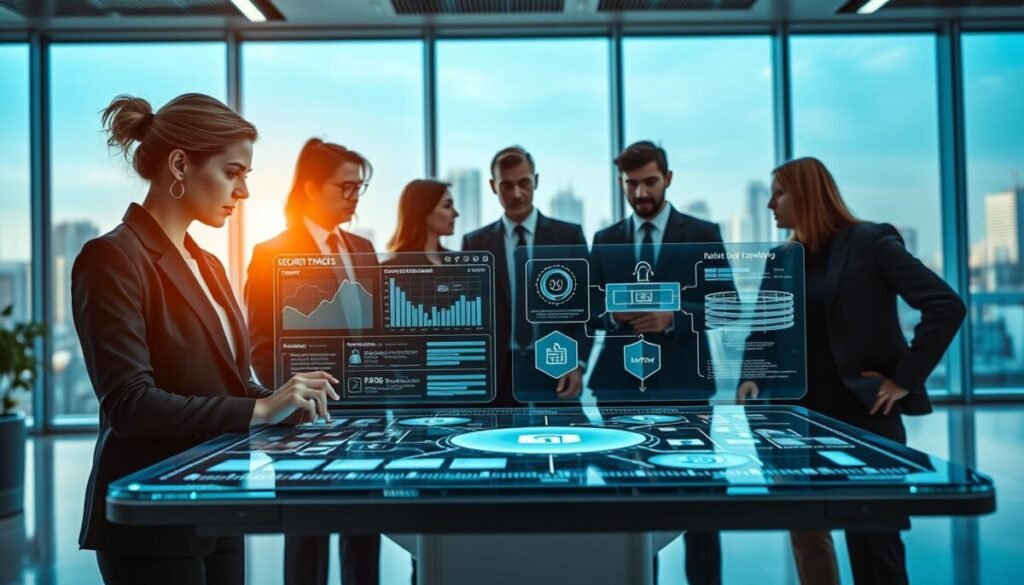 A futuristic office environment showcasing a team of diverse professionals in business attire, collaborating on security protocols for automated workflows. In the foreground, a focused woman is examining a digital dashboard displaying real-time security metrics and automated process flows. The middle ground features her colleagues engaged in a brainstorming session around a smart table with holographic displays. The background reveals large windows with a city skyline, filtering in warm, natural light. The overall atmosphere conveys a sense of urgency and innovation, with a cool color palette accented by digital blue tones. Use a low-angle perspective to emphasize the modern technology and teamwork, capturing the essence of maintaining security and reliability in automated workflows.