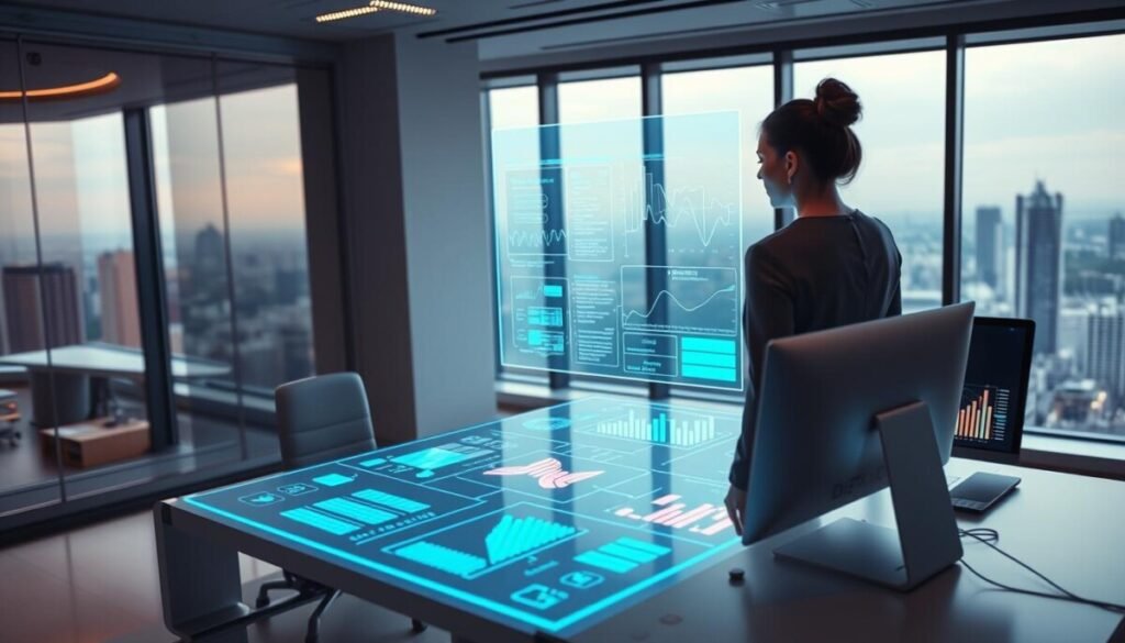 A futuristic office environment showcasing advanced data modeling capabilities. In the foreground, an elegant, professional-looking woman, dressed in business attire, interacts with a large holographic screen displaying intricate data models, graphs, and charts. The middle ground features a sleek desk with modern computing devices and vibrant holograms illustrating transformation processes, connecting various datasets. The background reveals a panoramic window with a city skyline, bathed in soft, ambient lighting that conveys a sense of innovation and professionalism. The mood is dynamic and inspiring, hinting at the power of data visualization and analysis. The scene is captured from a low angle to emphasize the depth of the data displays and the significance of the technologies involved, enhancing the overall atmosphere of collaboration and advancement in data analytics.