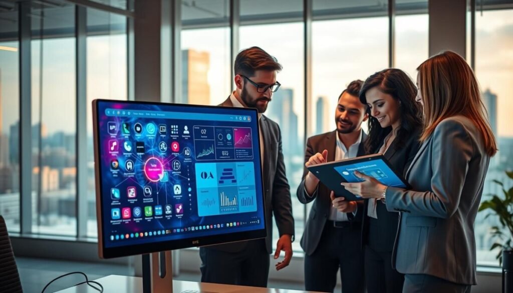 A futuristic office environment showcasing advanced "integrations and automations" in virtual assistant software. In the foreground, a sleek computer screen displays a vibrant, dynamic user interface filled with interconnected app icons and automated workflows. The middle ground features a diverse group of three professionals in business attire, collaborating intently around a digital tablet, pointing at visualized data charts and integration flows. In the background, large windows reveal a modern cityscape, with subtle reflections of cloud computing imagery. The scene is illuminated by warm, ambient lighting, creating a productive atmosphere. Capture this from a slightly elevated angle, conveying a sense of innovation and teamwork in a tech-savvy workspace.