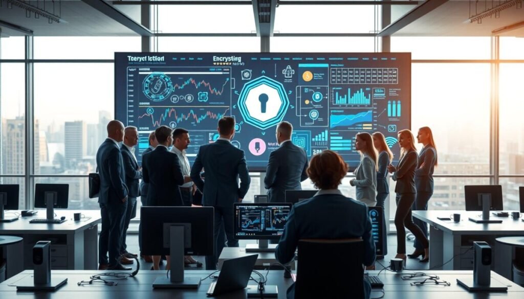 A futuristic office environment showcasing secure decentralized identity authentication strategies. In the foreground, a diverse group of professionals in business attire is engaged in a discussion around a large digital screen displaying complex blockchain charts and encrypted data flows. In the middle ground, sleek, minimalist workstations are equipped with advanced devices for biometric authentication and multi-factor security measures. The background features large windows with a city skyline, illuminated by soft morning light creating a bright, optimistic atmosphere. Utilize sharp focus on the professionals and the screen, with a subtle bokeh effect for the background to emphasize the innovative technology theme. The overall mood should convey collaboration, security, and the future of digital identity.