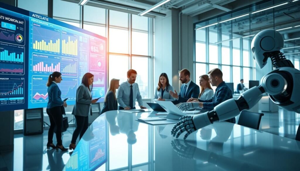 A futuristic office environment showcasing the synergy between AI and data for streamlined workflow execution. In the foreground, a large interactive digital interface displays vibrant charts, graphs, and data visualizations. A diverse team of professionals in business attire collaborates around a sleek table, analyzing the data. In the middle ground, robotic hands assist in organizing documents and automating tasks, emphasizing the role of AI in enhancing productivity. The background features a modern workspace with large windows that flood the room with natural light, creating a bright and optimistic atmosphere. The lighting is soft yet clear, highlighting the digital elements and reflecting a sense of innovation and efficiency. The overall mood is dynamic and forward-thinking, symbolizing the future of automated workflows.
