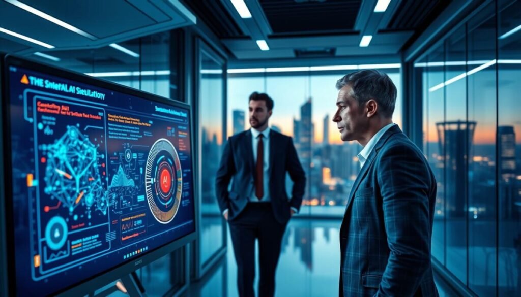 A futuristic office environment with a sleek, modern design, filled with advanced technology showcasing "SentinelOne Singularity” in action. In the foreground, a digital screen displays complex AI algorithms and threat detection analytics with vibrant colors, symbolizing data processing. The middle ground features a confident, professional analyst in business attire, intently observing the screen, representing human-AI collaboration. In the background, glass walls reveal a city skyline at dusk, illuminated by soft artificial lighting, creating a high-tech ambiance. The overall atmosphere conveys innovation, security, and efficiency, emphasizing the concept of autonomous detection in cybersecurity. The lighting should have a cool, blue hue to evoke a sense of technology and vigilance.