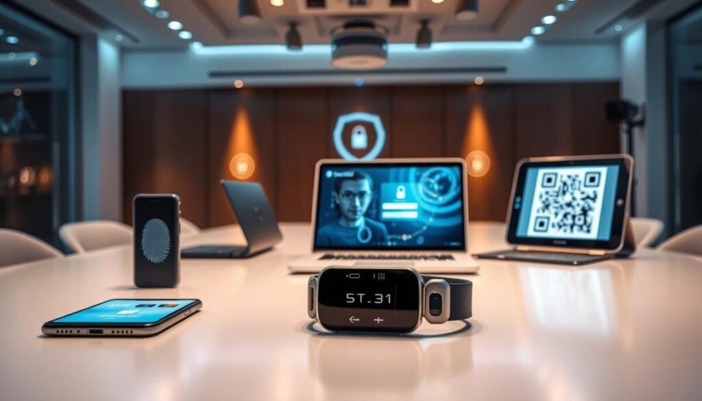 A futuristic office setting featuring various device and biometric authentication mechanisms, prominently displayed on a sleek conference table. In the foreground, a high-tech smartphone with a fingerprint sensor and a smart wearable device demonstrating face recognition technology. The middle ground includes a laptop showcasing a secure login interface and a tablet with a QR code based authentication process. The background features soft illuminated walls with digital security icons and a tracking camera for identification purposes. Utilize a soft, diffused lighting to create a professional and modern atmosphere, with a focus on clarity and detail. The angle should be slightly elevated, providing a comprehensive view of the authentication tools in action, designed for an innovative and secure future.