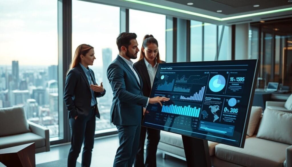 A futuristic office setting focused on advanced analytics and continuous learning. In the foreground, a diverse group of three professionals, dressed in business attire, gathers around a large digital touchscreen display, analyzing real-time data visualizations and charts related to campaign performance. The middle ground features sleek, modern furniture and ambient lighting that highlights data-driven insights. In the background, a large window showcases a bustling city skyline, symbolizing the dynamic nature of marketing. Soft blue and green lighting creates a tech-savvy, innovative atmosphere. The camera angle is slightly elevated, capturing the concentration of the team as they strategize with AI tools, embodying collaboration and optimization in marketing strategies.