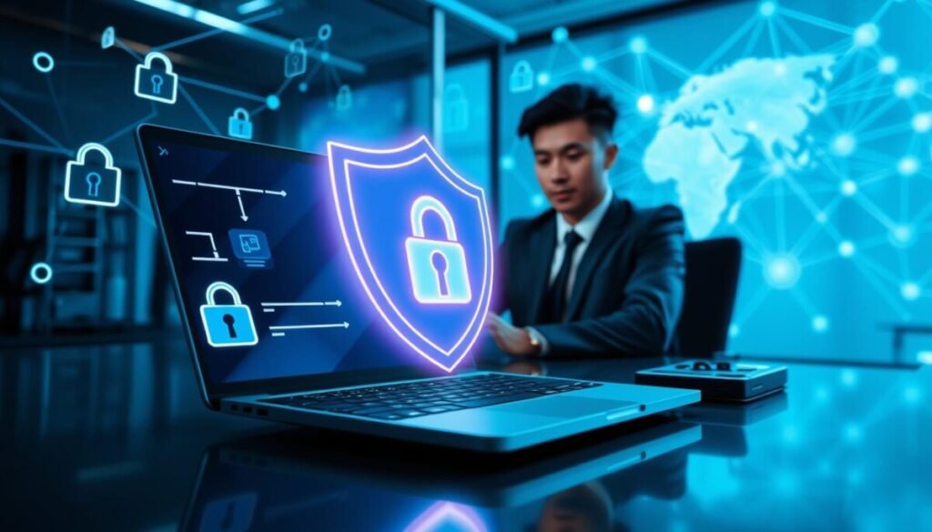 A futuristic office setting showcasing a glowing digital shield representing VPN protection. In the foreground, a sleek laptop displays a secure connection interface, surrounded by symbols of cybersecurity like padlocks and encrypted data streams. The middle layer features a person in professional business attire, sitting at the desk, focused on the laptop while using a mobile hotspot device. The background depicts abstract representations of a network with lines connecting various devices, emphasizing global connectivity and security. The lighting is soft, with cool blue tones creating a calm, tech-savvy atmosphere, suggesting safety and trust in digital environments. The angle is a slightly tilted perspective to highlight the intense focus on data protection, evoking a sense of modern digital security. A futuristic office setting showcasing a glowing digital shield representing VPN protection. In the foreground, a sleek laptop displays a secure connection interface, surrounded by symbols of cybersecurity like padlocks and encrypted data streams. The middle layer features a person in professional business attire, sitting at the desk, focused on the laptop while using a mobile hotspot device. The background depicts abstract representations of a network with lines connecting various devices, emphasizing global connectivity and security. The lighting is soft, with cool blue tones creating a calm, tech-savvy atmosphere, suggesting safety and trust in digital environments. The angle is a slightly tilted perspective to highlight the intense focus on data protection, evoking a sense of modern digital security.