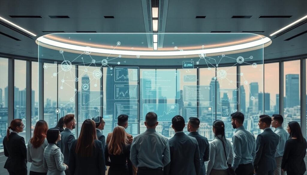 A futuristic office setting showcasing a sleek digital workspace. In the foreground, a diverse group of professionals in business attire, focused on a large holographic display that visualizes smart contract automation processes with interconnected nodes and flowing data streams. The middle layer features transparent screens showing graphs and code snippets that illustrate the complexity of smart contracts in action. In the background, soft, ambient lighting enhances the modern technological atmosphere, with a backdrop of city skyscrapers visible through large windows. Use a wide-angle lens to capture the collaborative atmosphere, creating a sense of bustling innovation and teamwork, embodying the essence of smart contract automation.