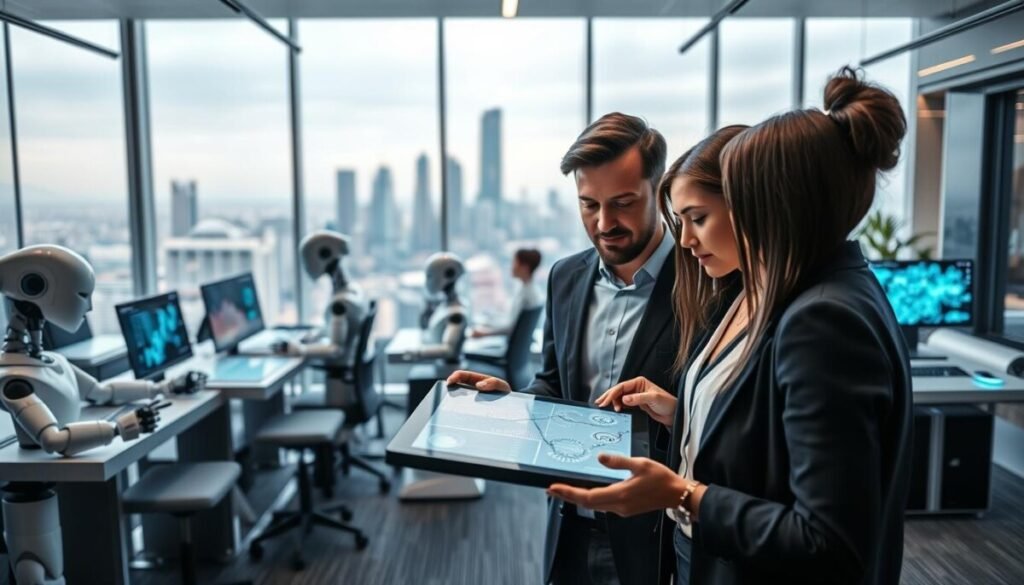 A futuristic office space bustling with professionals engaged in AI automation and analytics. In the foreground, a diverse group of four individuals in smart business attire collaborate around a digital tablet displaying complex data visualizations. The middle ground features sleek, high-tech workstations with holographic displays and automated robots assisting with tasks. The background showcases a panoramic window revealing a city skyline with advanced architecture, hinting at a bright future. Soft, ambient lighting illuminates the scene, creating a productive yet innovative atmosphere. The angle captures the dynamism of teamwork and cutting-edge technology, emphasizing the synergy between human intelligence and AI.