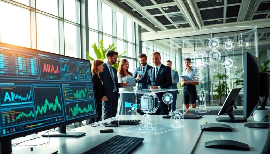 A futuristic office space showcasing "AI integration and advanced automation features." In the foreground, a sleek workstation with multiple screens displaying interconnected workflows and data visualizations. Each screen is filled with vibrant graphs and AI algorithms, highlighting automation processes. In the middle, a diverse group of professionals in business attire collaborate, interacting with holographic interfaces that project 3D models of automated systems. The background features a modern office with glass walls and greenery, allowing gentle sunlight to filter in, creating a bright and optimistic atmosphere. The composition should have a dynamic perspective, possibly from a low angle, emphasizing innovation and teamwork, conveying a sense of forward-thinking collaboration and advanced technology.