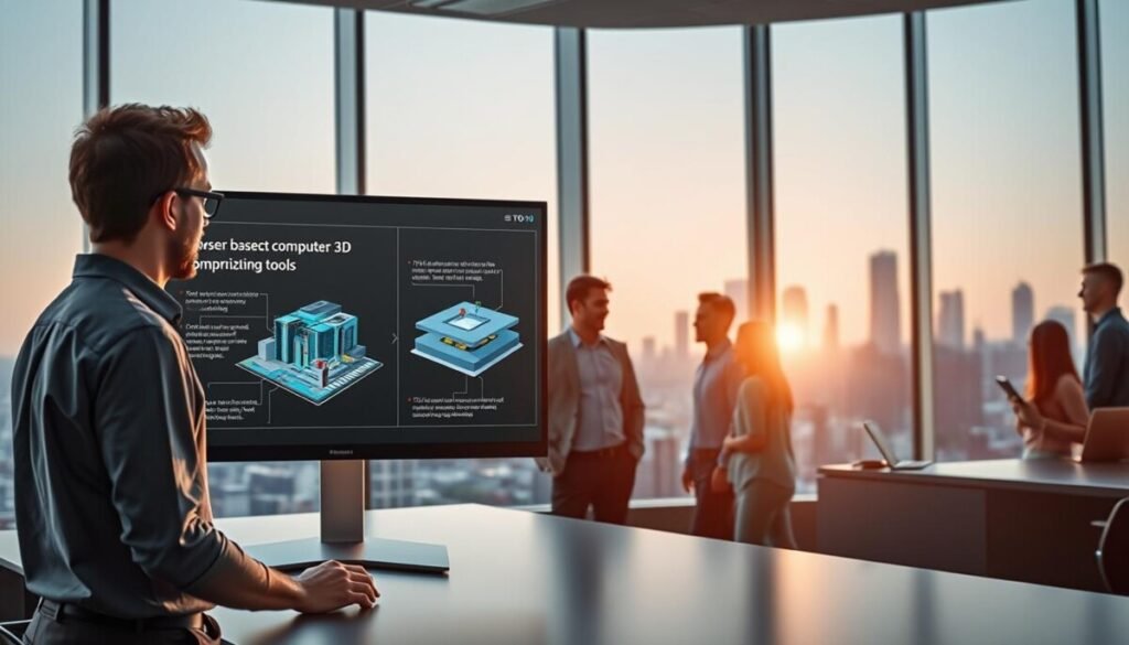 A futuristic office space showcasing a browser-based 3D spatial computing tool on a sleek computer monitor at the forefront. The user, dressed in smart casual attire, engages with an interactive 3D model displaying key features like collaboration, accessibility, and visualization tools. In the middle ground, diverse professionals discuss insights gathered from the tool, highlighting teamwork and innovation. The background features an expansive window overlooking a modern city skyline bathed in soft morning light, conveying a sense of progress and opportunity. The atmosphere is dynamic yet professional, with a subtle lens flare emphasizing the tool's cutting-edge technology. The composition focuses on user interaction, capturing the essence of digital transformation in the workspace.