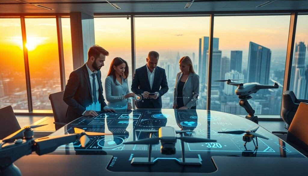 A futuristic office space showcasing advanced automation technologies. In the foreground, a diverse group of three professionals in business attire collaborates around a sleek, modern table filled with holographic displays of data analytics, robotics, and AI interfaces. In the middle ground, robotic arms and drones efficiently handle tasks, symbolizing the integration of automation in daily work. The background features large windows with a panoramic view of a high-tech city skyline, bathed in the warm glow of sunrise, creating an optimistic atmosphere. Use soft lighting to enhance the futuristic look, with a focus on vivid colors and sharp contrasts, captured from a slightly elevated angle to provide depth and engagement.
