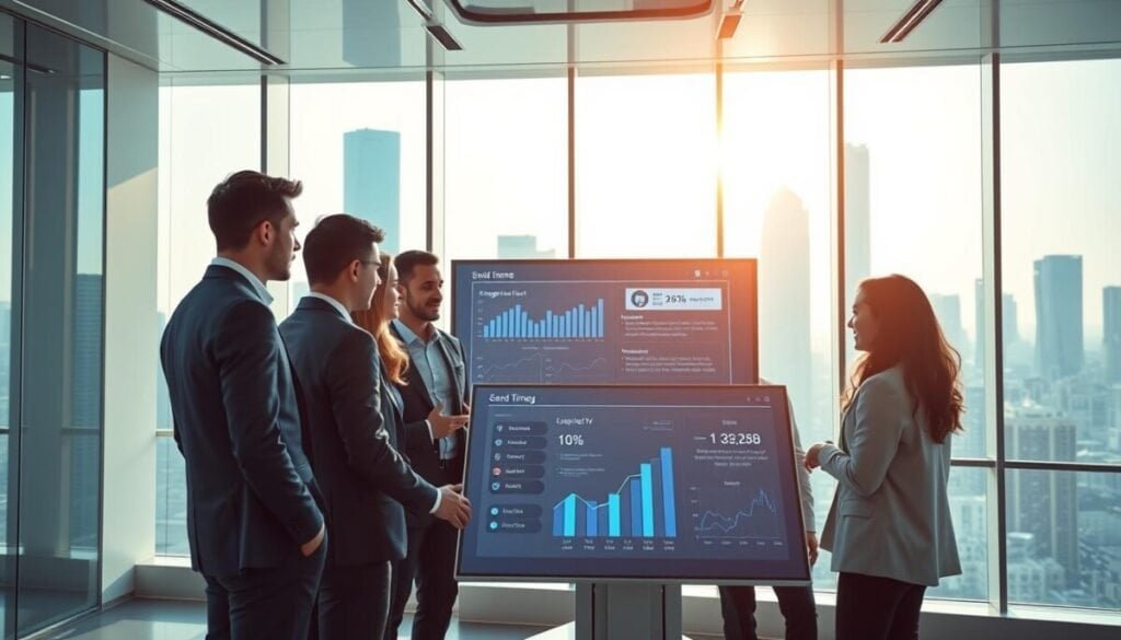 A futuristic office space with a sleek, modern aesthetic, focusing on a high-tech digital dashboard displaying analytics related to predictive send timing for email marketing. In the foreground, a diverse group of professionals in business attire, engaged in an animated discussion around a touchscreen interface, highlighting engagement analytics and optimal send times. The middle ground features data graphs and charts projected onto a large screen, illuminated by soft, natural light streaming through tall windows, creating a bright and inviting atmosphere. The background reveals an upscale city skyline, enhancing the sense of innovation. The mood is collaborative and forward-thinking, conveying the excitement of AI-driven email marketing solutions. Capture this scene with a slight wide-angle lens to encompass the dynamic environment. A futuristic office space with a sleek, modern aesthetic, focusing on a high-tech digital dashboard displaying analytics related to predictive send timing for email marketing. In the foreground, a diverse group of professionals in business attire, engaged in an animated discussion around a touchscreen interface, highlighting engagement analytics and optimal send times. The middle ground features data graphs and charts projected onto a large screen, illuminated by soft, natural light streaming through tall windows, creating a bright and inviting atmosphere. The background reveals an upscale city skyline, enhancing the sense of innovation. The mood is collaborative and forward-thinking, conveying the excitement of AI-driven email marketing solutions. Capture this scene with a slight wide-angle lens to encompass the dynamic environment.