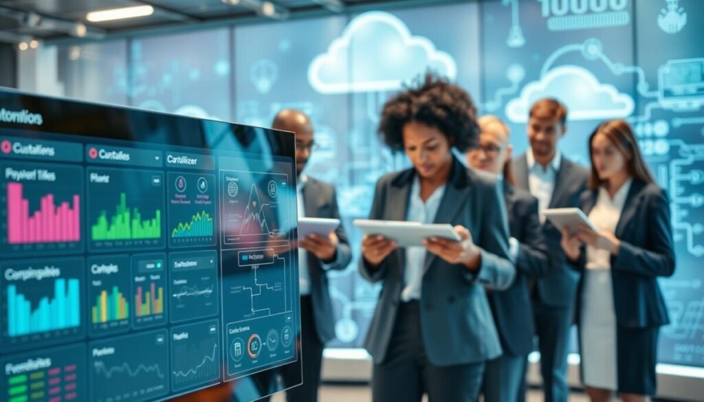 A futuristic workspace showcasing advanced automation tools and customization options. In the foreground, a sleek digital interface displays colorful graphs, customizable settings, and flowchart-like connections between various systems. The middle layer features a diverse group of professionals in smart business attire, intently discussing the interface while taking notes on digital tablets. The background is filled with abstract representations of cloud computing and data flow, with soft blue and green lighting enhancing the tech atmosphere. The focus is sharp on the digital interface, creating a sense of innovation and collaboration, while the professionals appear engaged and inspired. The overall mood conveys a blend of efficiency, creativity, and forward-thinking technology.