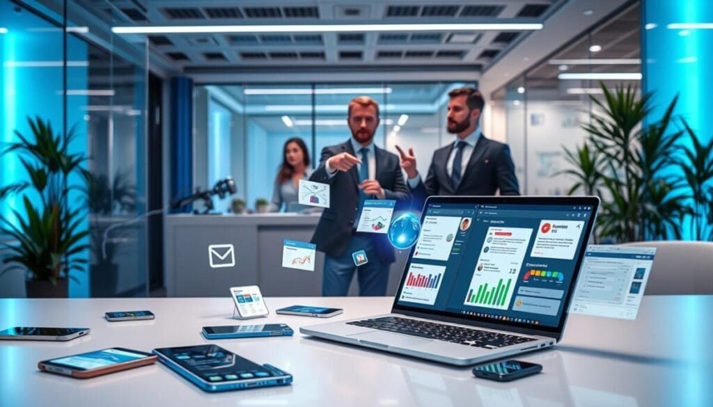 A futuristic workspace showcasing email sequences in action. In the foreground, a sleek laptop displays an engaging dashboard filled with colorful graphs and analytics, indicating various stages of email sequences. Scattered around the laptop are digital devices, like tablets and smartphones, displaying snippets of email content generated by AI. In the middle ground, there are three professional individuals, two men and one woman, dressed in smart business attire, discussing strategies while pointing at a holographic display emanating from the laptop. The background features a modern office setting with glass walls, plants, and ambient blue lighting that creates a high-tech atmosphere. The overall mood is innovative and collaborative, reflecting the cutting-edge role of AI in email marketing.