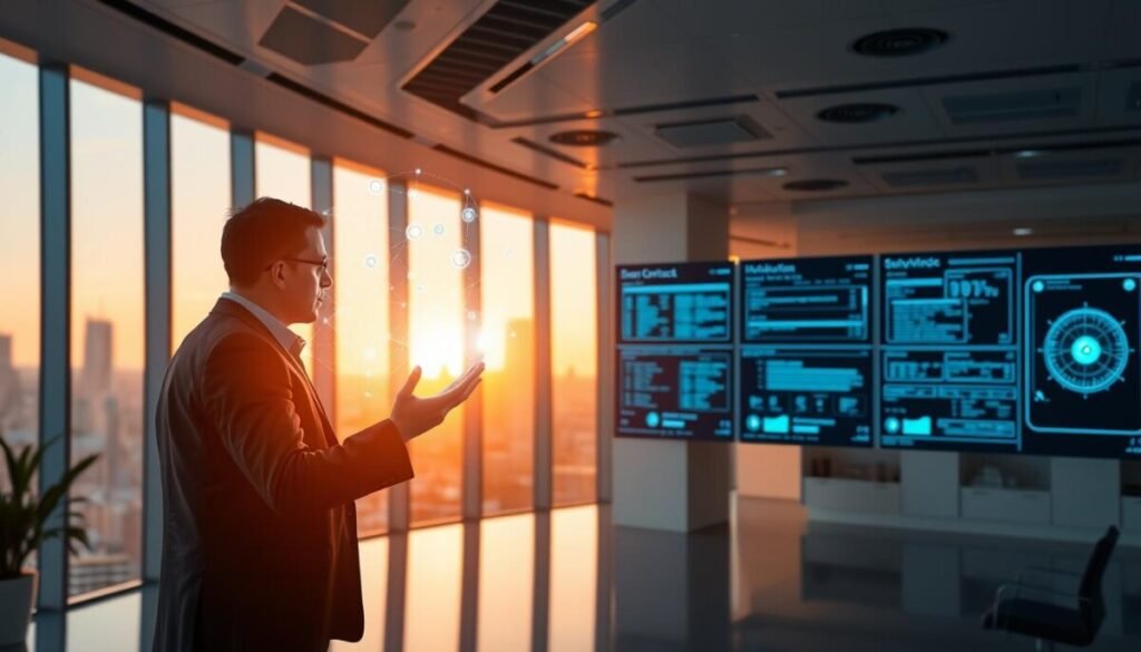 A futuristic workspace showcasing integration with blockchain networks and tools. In the foreground, a professional businessperson, dressed in smart attire, interacts with a holographic interface displaying interconnected blockchain nodes and smart contracts. In the middle, several modular screens show data streams and digital ledger transactions, radiating a soft blue light that highlights the high-tech environment. The background features a sleek, modern office with large windows revealing a city skyline, bathed in warm sunrise tones, creating a sense of optimism and innovation. The atmosphere is dynamic yet serene, emphasizing a forward-thinking approach to automation in everyday workflows. Use a wide-angle lens to capture the depth of the workspace and subtle lighting to enhance the digital elements.