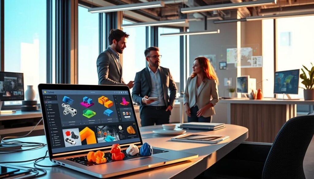 A futuristic workspace showcasing leading spatial computing platforms, with an emphasis on 3D design tools like Spline, Figuro, and Vectary. In the foreground, a sleek laptop displays vibrant 3D models in a browser interface, surrounded by modern design tools and color palettes. The middle ground features a diverse team of three professionals in smart casual attire, actively collaborating and discussing their projects, with facial expressions of focus and creativity. The background showcases a minimalistic office environment with large windows allowing natural light to flood in, highlighting a high-tech ambiance. Soft shadows cast by the warm lighting create an inviting atmosphere, while elements like virtual screens and holographic interfaces hint at advanced technology in use. The overall feeling is one of innovation and collaboration in the realm of spatial computing.