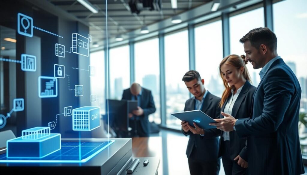 A futuristic workspace showcasing the integration of decentralized storage with Web3 applications. In the foreground, a sleek, holographic display depicts various data blocks being securely transferred and stored, illuminated by a soft blue light. In the middle ground, a diverse group of three professionals, two men and one woman, are collaborating intensely over a digital tablet, dressed in smart business attire. The background features a modern office environment with large windows revealing a city skyline, bathed in daylight, enhancing the sense of innovation. The overall atmosphere conveys a sense of collaboration, security, and advanced technology, with a focus on the seamless blend of decentralized systems and Web3 capabilities. The lighting is bright and focused, emphasizing the key elements of data transfer and digital interaction.