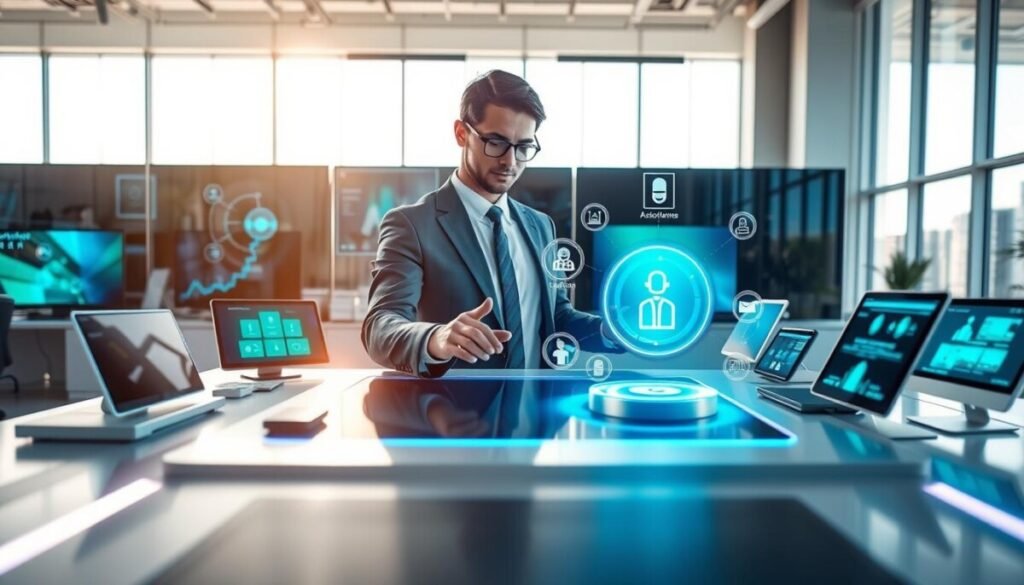 A futuristic workspace showcasing the latest AI assistant tools, centered around a sleek, high-tech desk filled with various devices and screens displaying vibrant, interactive interfaces. In the foreground, a professional individual dressed in smart business attire, engaging with a holographic AI assistant, is surrounded by a streamlined design that emphasizes innovation. In the middle ground, there are various AI tools represented as luminous icons floating around, including speech recognition devices, smart home integrations, and virtual assistant interfaces. The background features a bright, modern office with large windows allowing sunlight to pour in, casting an optimistic and inspiring ambiance. The perspective is slightly low-angle, enhancing the grandeur of technology. The overall atmosphere conveys excitement and progress in the AI assistant market while remaining professional and clean.