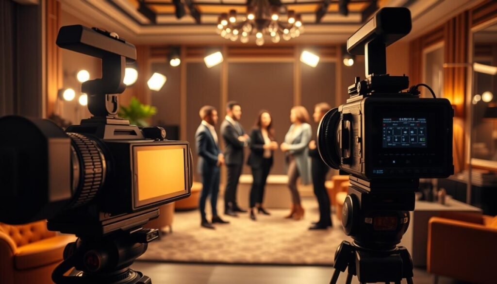 A high-end video production scene showcasing cinematic quality lighting. In the foreground, a professional video camera with a large lens is set on a tripod, capturing a beautifully composed shot. In the middle, a softly lit set features a diverse group of content creators discussing their work, dressed in smart business attire. The lighting is dramatic yet inviting, with warm tones that highlight their features, illuminating the scene with a mix of diffused key lights and contrasting shadows. In the background, an elegantly designed studio space is visible, decorated with plush furnishings and subtle ambient lights. This image captures the essence of advanced technology and creativity, evoking a sense of innovation and professionalism, perfect for illustrating how AI transforms visual storytelling.