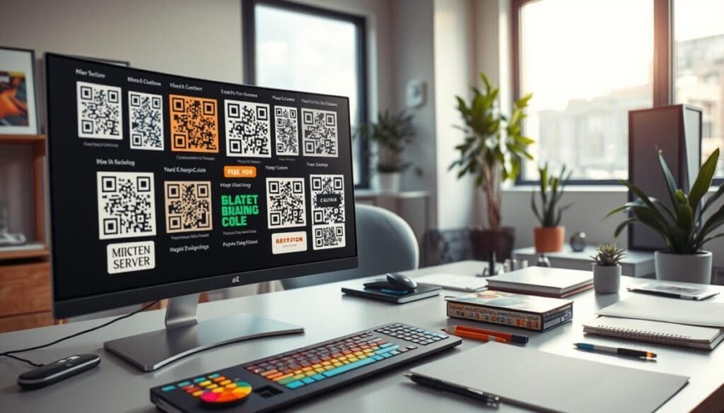 A high-tech creative workspace featuring an array of vibrant and artistic branding codes creatively displayed. In the foreground, a sleek computer screen showcases dynamic QR codes, each artistically integrated with unique patterns and colors representing various brands. The middle layer includes a stylish designer's desk with design tools, color palettes, and sketchbooks scattered about. The background features a large window with soft natural light flooding in, illuminating the space with a warm, inviting glow. Subtle plant decorations add a touch of freshness. The atmosphere is innovative and inspiring, ideal for creative branding. Use a wide-angle lens for depth and an emphasis on detail, capturing the essence of modern branding design.