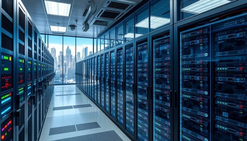 A high-tech data center showcasing a vast array of server racks in a modern and sleek environment. In the foreground, illuminated server units with colorful LED indicators, symbolizing active connections. The middle ground features rows of organized servers with cable management systems, while the background reveals a translucent glass wall showcasing city skyline views. Bright, cool lighting to highlight the advanced technology, with a high-angle perspective capturing the expanse of the servers. The atmosphere is dynamic and professional, conveying a sense of speed and connectivity. Include subtle reflections on the glass surfaces to enhance depth and realism. No human subjects or text elements included. A high-tech data center showcasing a vast array of server racks in a modern and sleek environment. In the foreground, illuminated server units with colorful LED indicators, symbolizing active connections. The middle ground features rows of organized servers with cable management systems, while the background reveals a translucent glass wall showcasing city skyline views. Bright, cool lighting to highlight the advanced technology, with a high-angle perspective capturing the expanse of the servers. The atmosphere is dynamic and professional, conveying a sense of speed and connectivity. Include subtle reflections on the glass surfaces to enhance depth and realism. No human subjects or text elements included.