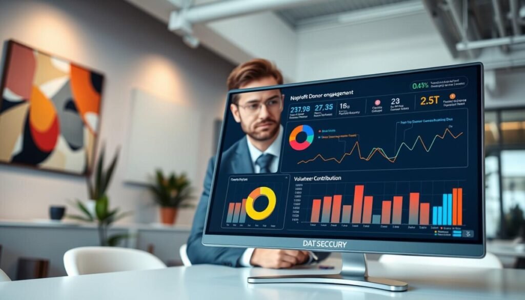 A high-tech data security analytics dashboard displayed on a sleek, modern monitor in a well-lit office environment. The foreground features vibrant and colorful visualizations, including graphs, pie charts, and data flow indicators representing analytics on nonprofit donor engagement and volunteer contributions. In the middle ground, a professional wearing business attire is focused on the screen, analyzing the data with a look of concentration. The background reveals a contemporary workspace with abstract art on the walls and plants for a touch of warmth. Bright, even lighting enhances the clarity of the dashboard, creating an atmosphere of productivity and innovation. The camera angle is slightly elevated, capturing the entire scene with depth and perspective, promoting a sense of reliability and security in data handling.