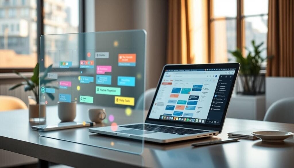 A magical live calendar displayed in a modern, sleek workspace. In the foreground, a transparent touch-screen interface showcases colorful, animated events and reminders that shimmer with a soft glow. The middle layer features a stylish laptop open to a Gmail interface, integrating seamlessly with the calendar, displaying scheduling tools and features. In the background, a tidy desk with contemporary design elements includes a plant and a coffee cup, while a large window lets in warm, natural light, creating an inviting atmosphere. The scene conveys a sense of efficiency and productivity, perfect for mastering meeting coordination. A soft focus emphasizes the calendar and laptop, highlighting their importance in the workspace. The overall mood is professional yet vibrant, suggesting innovation in scheduling.