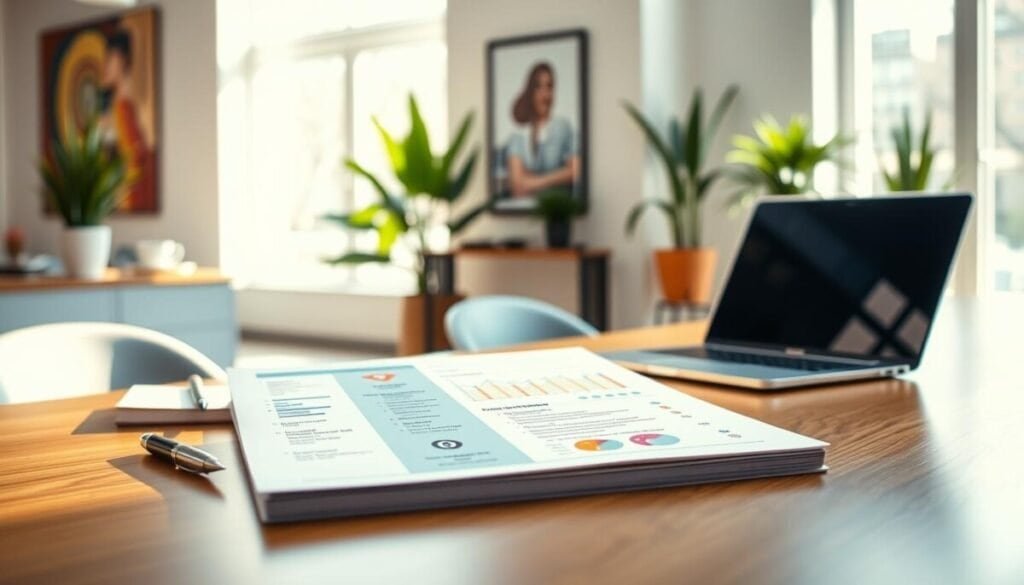 A modern Enhancv resume displayed prominently on a sleek wooden desk, in a bright, well-lit office environment. The foreground features the resume, showcasing a clean layout with vibrant colors and unique graphical elements like charts and icons, appealing to creative professionals. Surrounding the resume are stylish office accessories—such as a minimalist notepad, a high-quality pen, and a laptop reflecting a soft glow. In the middle ground, a blurred background reveals large windows with sunlight streaming in, casting soft shadows. An inviting atmosphere is created with greenery from potted plants and contemporary artwork on the walls. The overall mood is professional yet creative, emphasizing innovation in job application tools. The scene is captured with a slightly elevated angle, focusing on the resume and the inviting workspace. A modern Enhancv resume displayed prominently on a sleek wooden desk, in a bright, well-lit office environment. The foreground features the resume, showcasing a clean layout with vibrant colors and unique graphical elements like charts and icons, appealing to creative professionals. Surrounding the resume are stylish office accessories—such as a minimalist notepad, a high-quality pen, and a laptop reflecting a soft glow. In the middle ground, a blurred background reveals large windows with sunlight streaming in, casting soft shadows. An inviting atmosphere is created with greenery from potted plants and contemporary artwork on the walls. The overall mood is professional yet creative, emphasizing innovation in job application tools. The scene is captured with a slightly elevated angle, focusing on the resume and the inviting workspace.