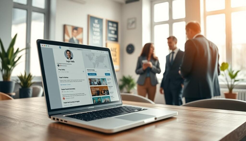 A modern LinkedIn profile page displayed on a sleek laptop, positioned on a stylish wooden desk in a bright, airy office. In the foreground, the laptop screen shows a well-organized LinkedIn profile with a professional headshot, skills, and endorsements. The middle layer features an enthusiastic business professional, dressed in formal business attire, engaged in a discussion with a colleague. They are surrounded by potted plants and motivational posters. The background reveals a large window with natural light streaming in, illuminating the space and creating a positive, motivational atmosphere. The scene conveys a sense of professional growth and networking, with soft, warm lighting emphasizing the collaborative environment. A modern LinkedIn profile page displayed on a sleek laptop, positioned on a stylish wooden desk in a bright, airy office. In the foreground, the laptop screen shows a well-organized LinkedIn profile with a professional headshot, skills, and endorsements. The middle layer features an enthusiastic business professional, dressed in formal business attire, engaged in a discussion with a colleague. They are surrounded by potted plants and motivational posters. The background reveals a large window with natural light streaming in, illuminating the space and creating a positive, motivational atmosphere. The scene conveys a sense of professional growth and networking, with soft, warm lighting emphasizing the collaborative environment.