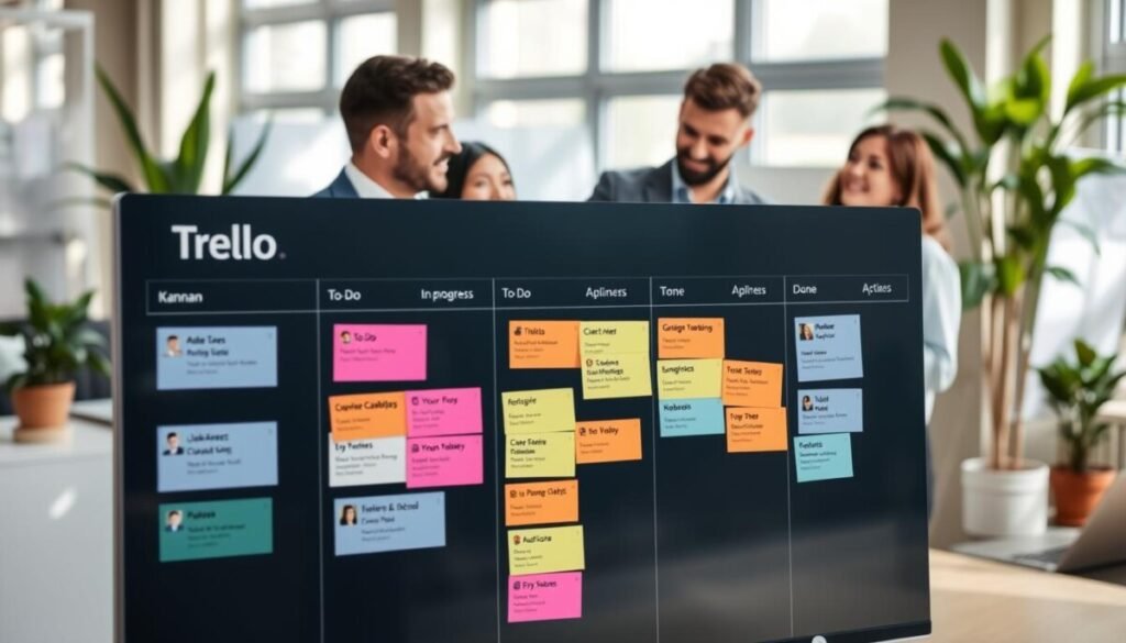 A modern Trello visual kanban board displayed prominently in the foreground, featuring vibrant colored cards representing various project tasks and team members. Each card is organized into distinct columns labeled "To Do," "In Progress," and "Done," showcasing an active workflow. In the middle ground, a diverse team of three professionals in business casual attire collaborates, one pointing at the board while the others discuss ideas. The background subtly features an open office space with plants and whiteboards, creating a productive atmosphere. Soft natural light filters through large windows, casting gentle shadows, while a slight depth of field focuses attention on the kanban board, emphasizing its role as a vital project management tool. The overall mood is collaborative and dynamic, reflecting efficiency and teamwork.