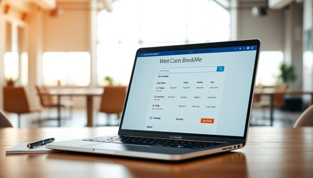 A modern YouCanBookMe booking page displayed on a sleek laptop screen, set on a stylish wooden desk. The foreground features the laptop with a clean, user-friendly interface showcasing available time slots for meetings, surrounded by a softly lit workspace with a notepad and a pen. The middle layer includes a blurred background of a bright office environment with a large window letting in natural light, casting gentle shadows. The mood is professional yet inviting, suggesting efficiency and organization. The scene captures a sense of streamlined meeting coordination, perfect for businesses. The lighting is warm and diffused, evoking a calm yet productive atmosphere, while the angle is slightly above eye level, focusing mainly on the laptop screen. A modern YouCanBookMe booking page displayed on a sleek laptop screen, set on a stylish wooden desk. The foreground features the laptop with a clean, user-friendly interface showcasing available time slots for meetings, surrounded by a softly lit workspace with a notepad and a pen. The middle layer includes a blurred background of a bright office environment with a large window letting in natural light, casting gentle shadows. The mood is professional yet inviting, suggesting efficiency and organization. The scene captures a sense of streamlined meeting coordination, perfect for businesses. The lighting is warm and diffused, evoking a calm yet productive atmosphere, while the angle is slightly above eye level, focusing mainly on the laptop screen.