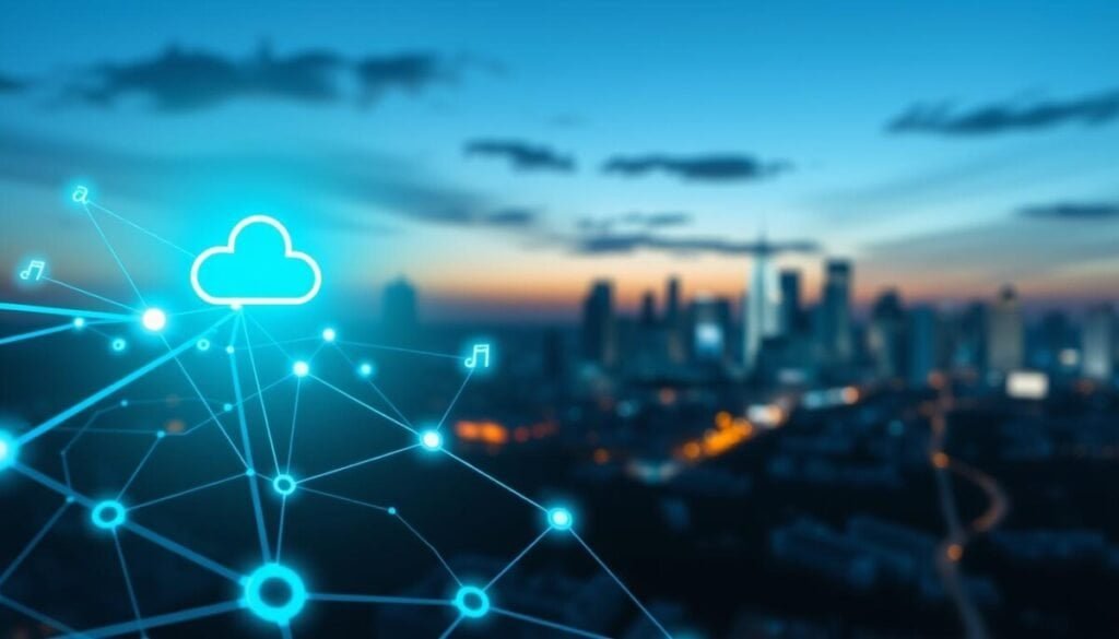 A modern, abstract digital landscape representing KeyCDN's content delivery capabilities. In the foreground, a sleek, interconnected network of glowing nodes and data streams symbolizes seamless data transfer, with cool blue and green hues creating a tech-savvy vibe. The middle ground features iconic symbols of efficiency and speed, like a stylized cloud and arrows in motion, illustrating rapid content delivery. In the background, a soft-focus city skyline under a twilight sky conveys innovation, with hints of technology in the architecture. The lighting is dynamic, with bright highlights on the nodes and subtle shadows enhancing depth, captured from a slightly elevated angle to showcase the interconnected elements. The overall atmosphere is one of optimism and accessibility, appealing to first-time users seeking budget-friendly CDN solutions.